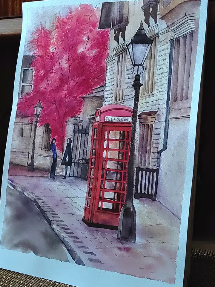 London Street Painting Urban Landscape Artwork Original Watercolor Painting Red Phone Booth Art 11.81x15.75 in by SoftWaves