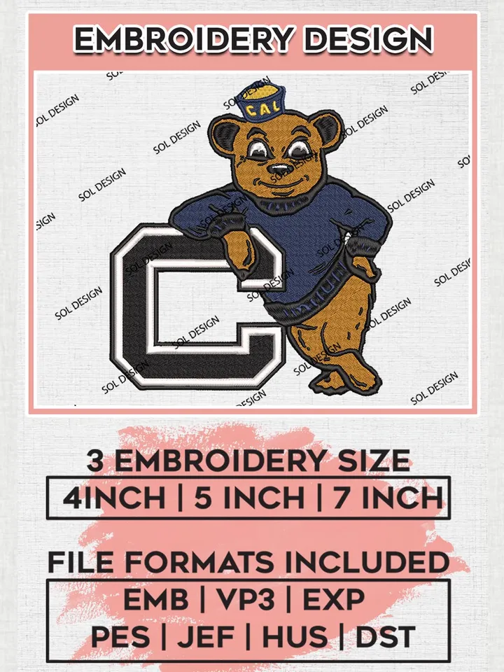California Golden Bears Team Mascot Logo Embroidery Design Files, NCAA California Golden Bears Machine Embroidery, NCAA Teams, 3 sizes, NCAA Machine embroidery designs, Digital Download