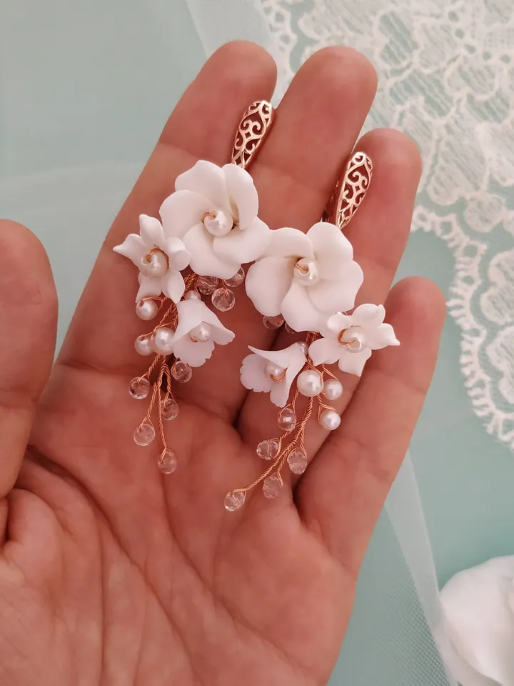 Rose Gold Boho Wedding Earrings, Boho Bridal Earrings, White Clay Flower Wedding Earrings, Floral Bridal Earrings, Long Teardrop Earrings,
