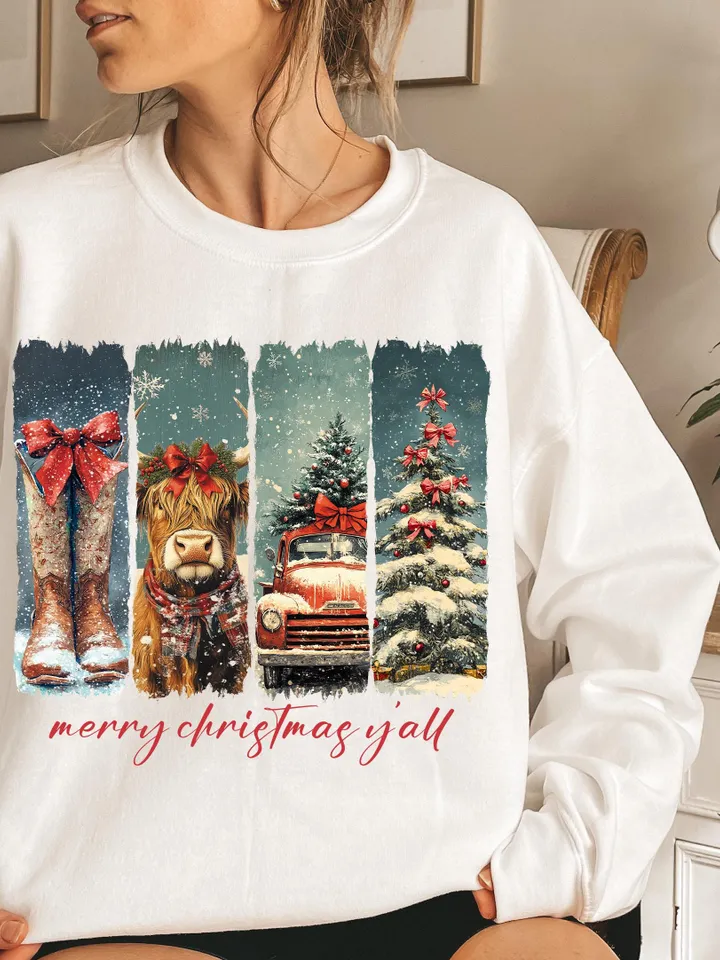 Merry Christmas Yall Vintage small town christmas PNG, Cowgirl Png, Small town girl PNG, highland cow Christmas png, Christmas western