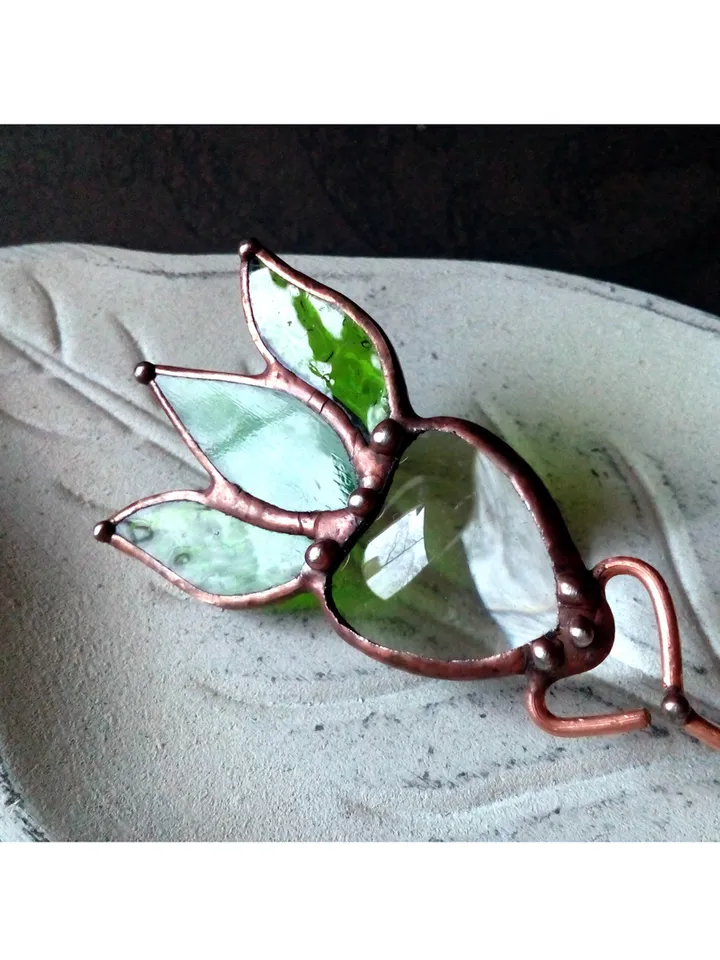 Garden art, Glass flower, lotus, lilie suncatcher, nature Stained glass, Green flower, flower pot pole