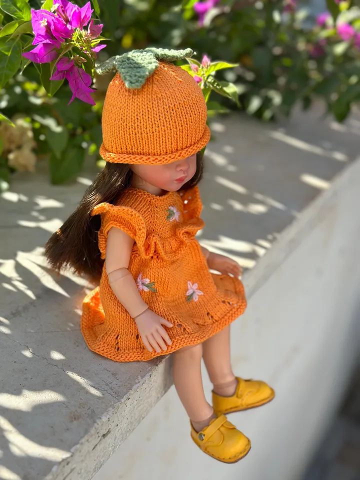 Set Dress & Cap Orange for Paola Reina KNIT PATTERN and tutorial for Boneka 12-13 inch doll, Ruby Red Siblies, Les Cheries 32 cm PDF eng
