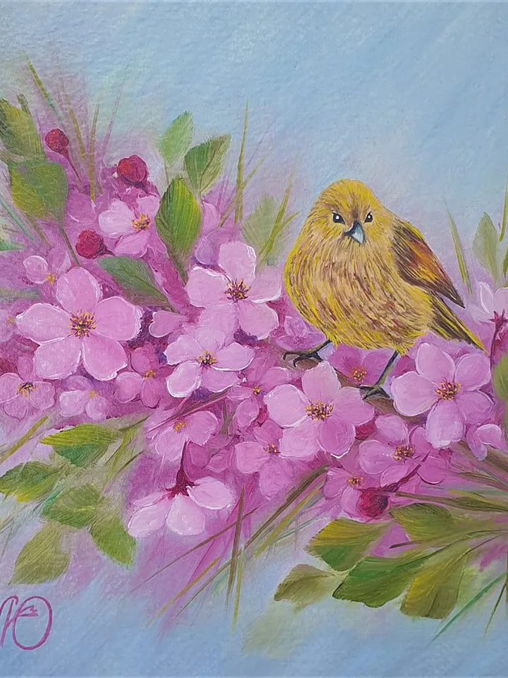 Bird Painting Cherry Blossom Original Art Animal Wall Art Spring Oil Painting