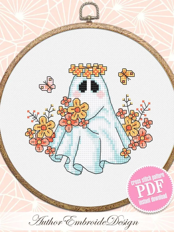 Floral ghost cross stitch pattern PDF download Cute Halloween cross stitch chart, Cute ghost with flowers pattern digital PDF #H86