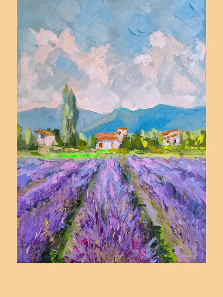 Oil Painting "Provence Landscape" Lavender Fields Original Art Stretched Canvas  Impasto Artwork Floral Landscape Painting 14 x 10 inches by Nata_Lena_Art