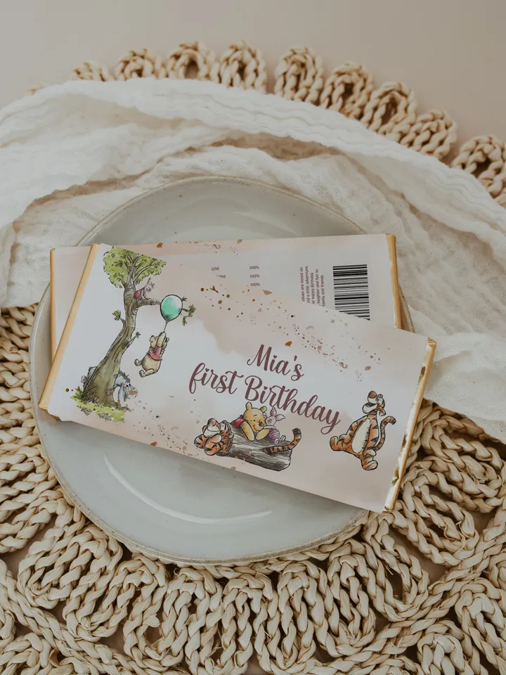Editable Chocolate Wrapper Hundred Acre Wood First Birthday party chocolate wrap; Winnie the Pooh Party; Classic Pooh Birthday ; wp6