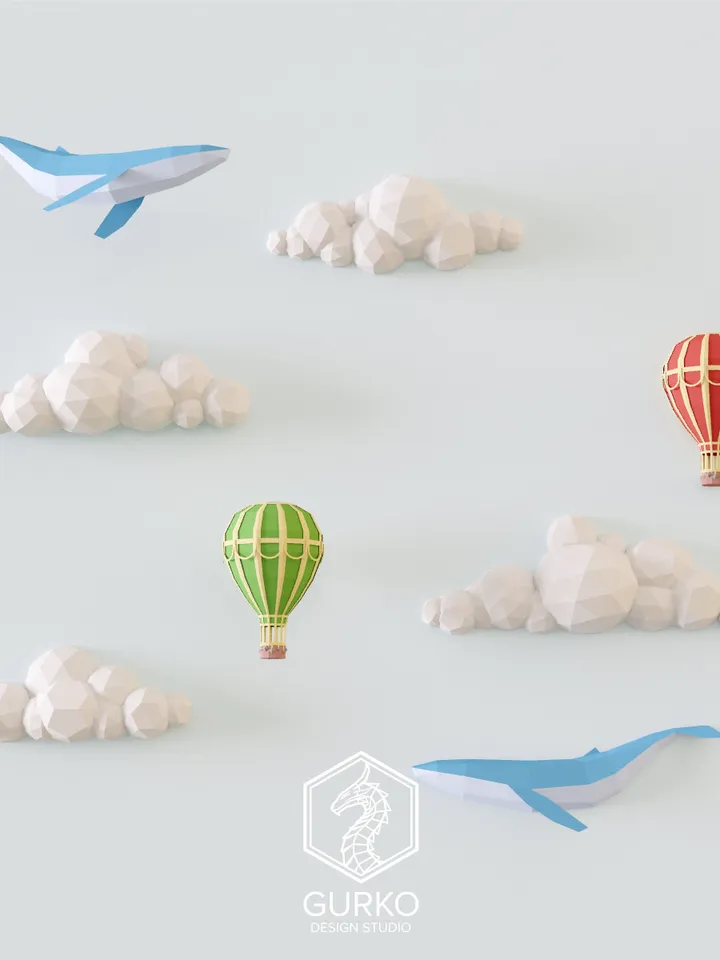Papercraft Clouds With Whales And Hot Air Balloons, Digital Template, PDF Download, Gurko, 3D Low Poly, Pepakura, DIY Origami Sculpture