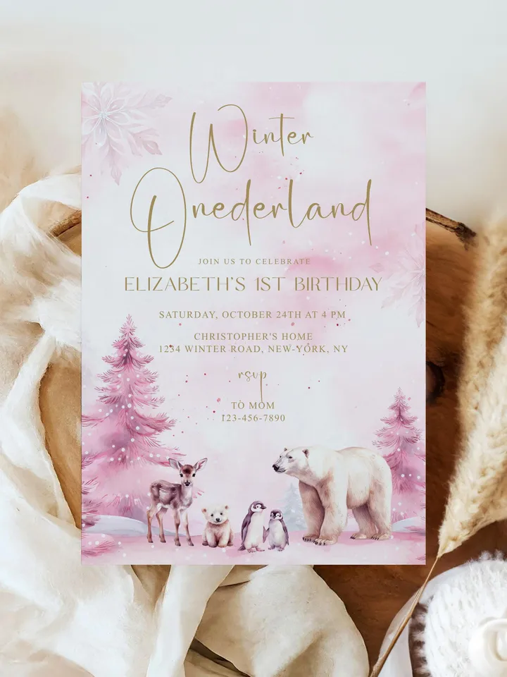 Winter Onederland Birthday Girl Invitations, Editable Pink Winter 1st Birthday Invite Template, Pink Christmas First Birthday Party - I123