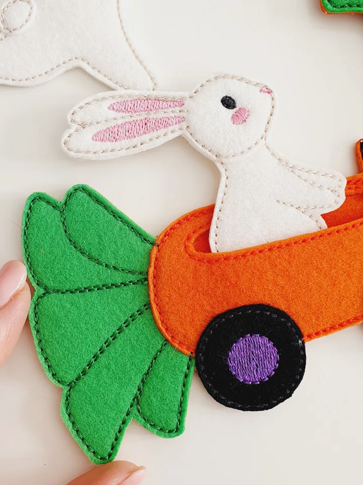 ITH Easter Bunny Play Set Embroidery Design, Felt Farm Rabbit Carrot Car Pattern, 4x4 & 5x7 Hoop Digital File