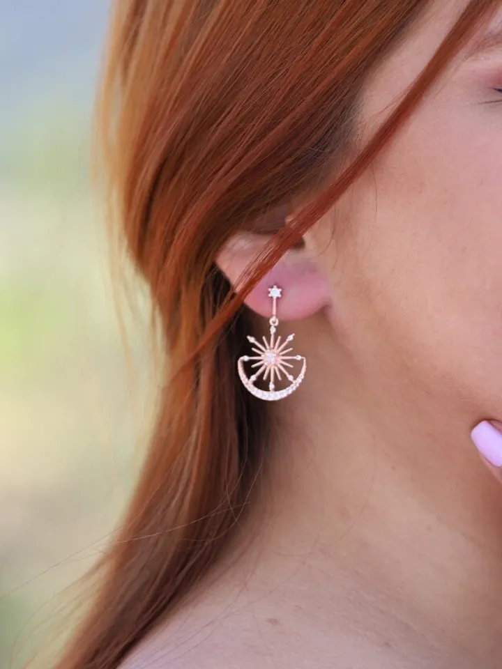 Rose Gold Moon and Star Hoop Wedding Earrings, Celestial Boho Bridal Earrings, Bridesmaid Gift, Dangle Earrings Bohemian Jewelry, Jewellery