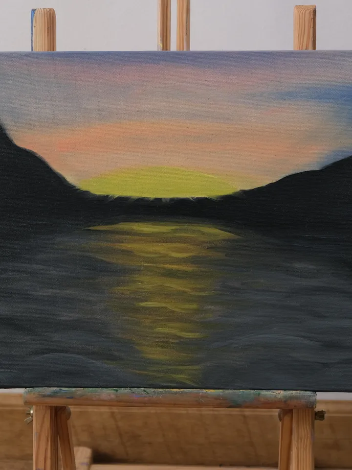 Oil Painting Sunset in the Sea Bay Sea Seascape Travel and Recreation Stretched Canvas Impressionism Modern Marine Art Wall Decor Occasion Gift 12 x16 inches 30 x40 cm