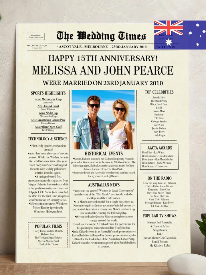 15th anniversary gift for husband, 2010 Australian Newspaper personalise poster, 15th wedding anniversary decorations, gifts for couples
