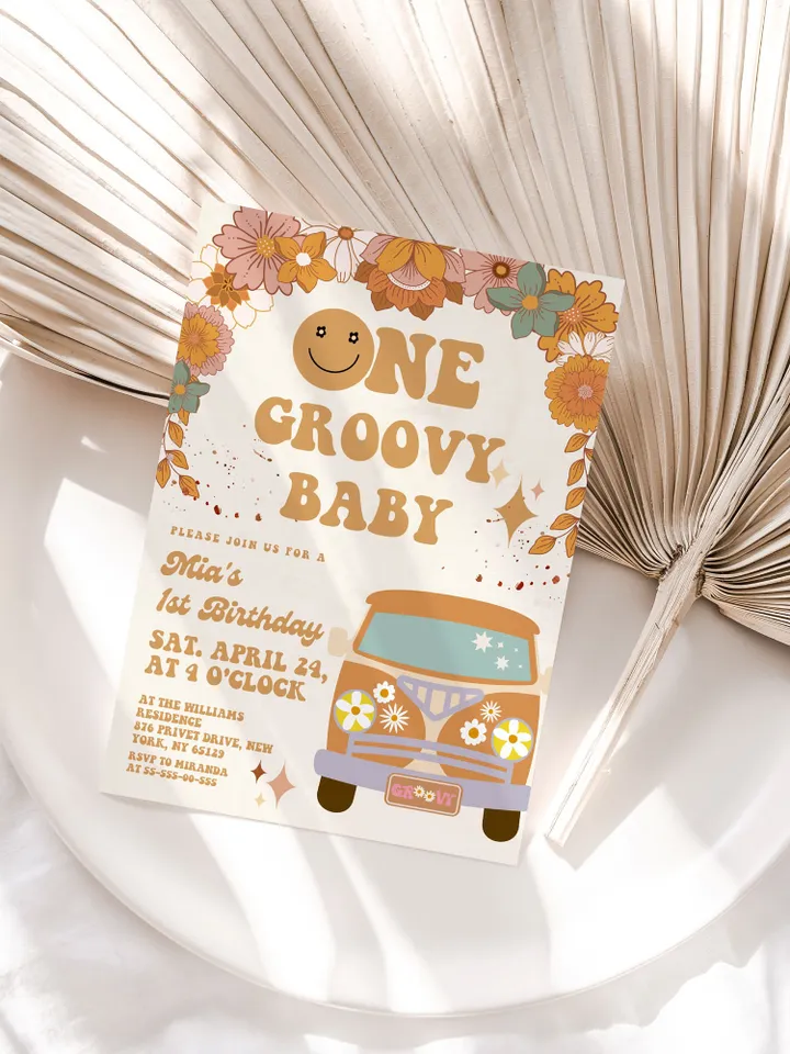 One Groovy Baby Editable Any Age Pink Groovy Van Daisy Rainbow Hippie Birthday Invitation Let's get Groovy 1st Birthday Invitation ; gr3