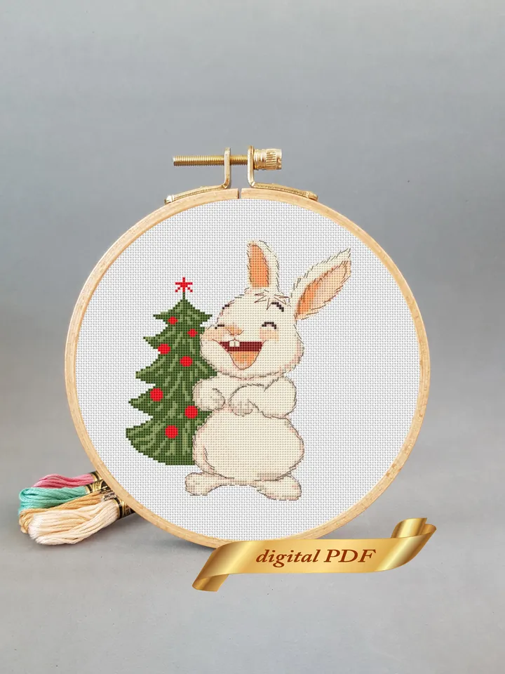 Christmas bunny cross stitch pattern pdf, Rabbit embroidery DIY