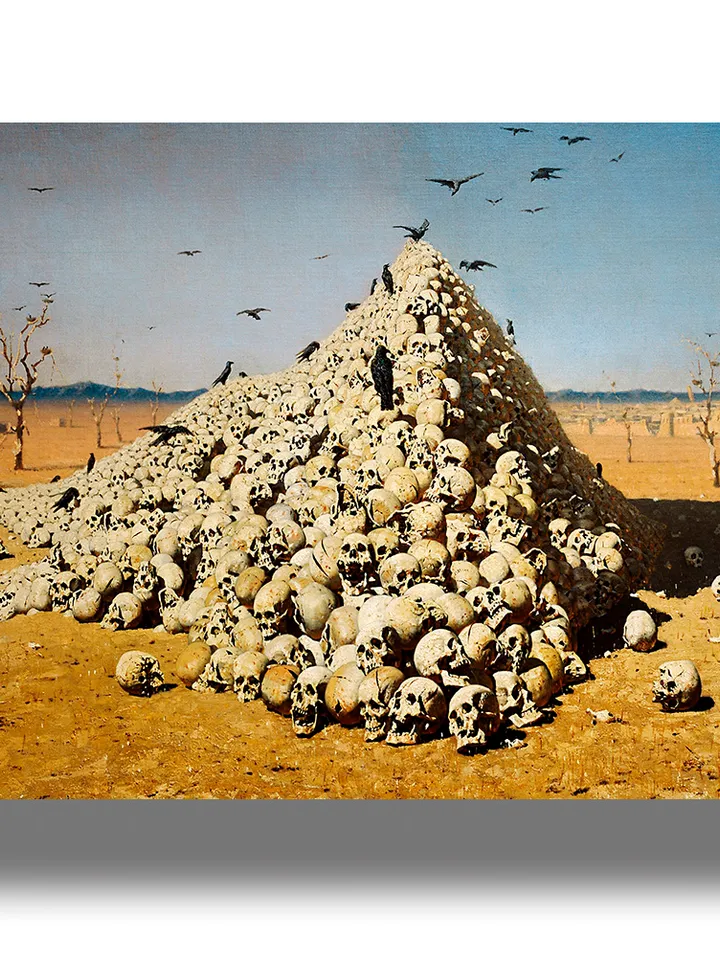 Apotheosis of War. Gloomy landscape with a pile of skulls and a flock of ravens.