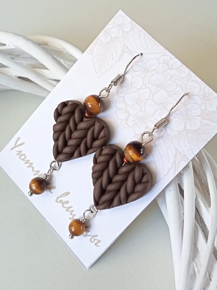 Heart dangle BROWN earrings/Elegant holiday earring/Birthday polymer clay earrings/Lightweight earrings/Handmade Jewelry