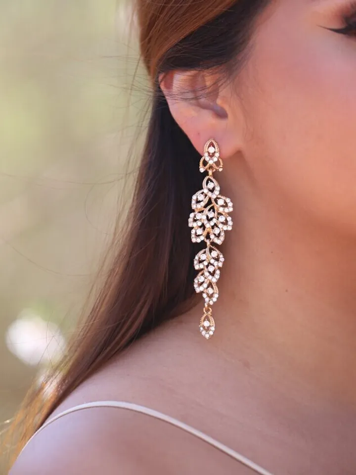 Extra Long Boho Wedding Earrings, Swarovski Crystal Statement Wedding Earrings, Champagne Gold Bridal Earrings, Statement Wedding Jewelry,