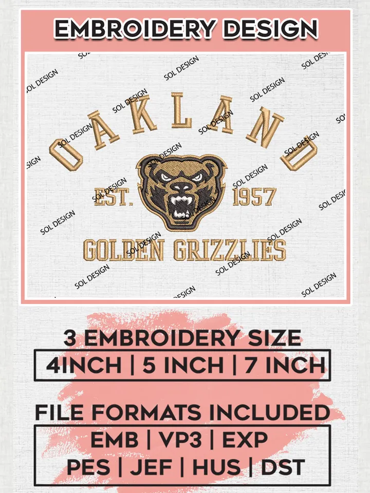 Oakland Golden Grizzlies Est 1957 Embroidery Designs, NCAA Oakland Golden Grizzlies Team Embroidery, NCAA Team Logo, 3 sizes, Machine embroidery Files, Digital Download