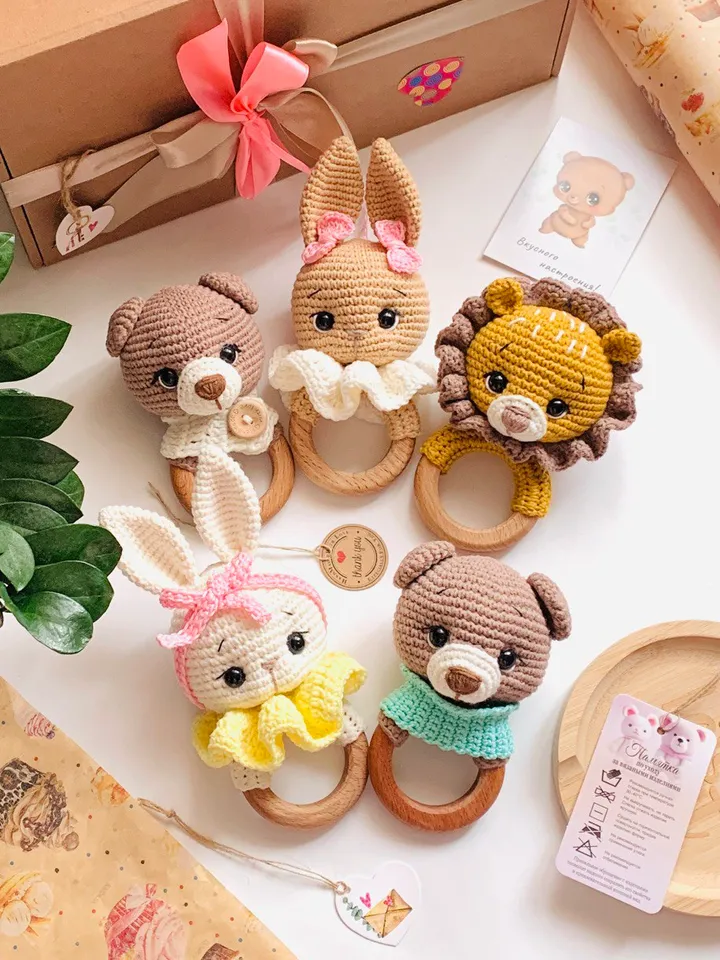 Crochet Pattern Rattle, toy for baby toddlers, Crochet Cute, Amigurumi Little Hands Toy, Plush Animal Bear, Bunny, Lion, Cat, Bee, Fox, Dragon”