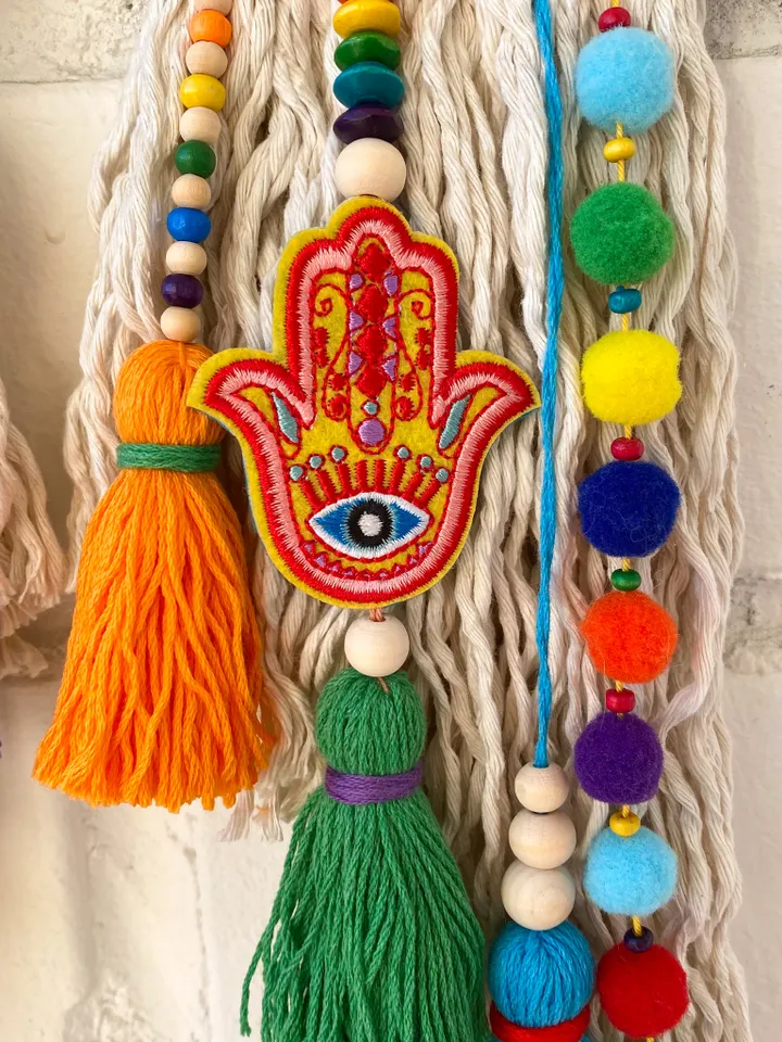 Macrame rainbow wall hanging, Evil eye and hamsa hand, Hippie room decor, Housewarming gift, Dorm room decoration