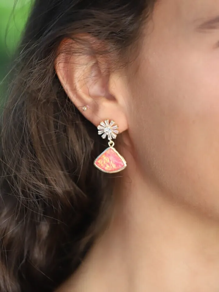 Art Deco Wedding Earrings , Pink Green Flower Vintage Retro Bridal Jewelry , Gatsby Wedding Earrings, Statement Floral Boho Wedding Earrings