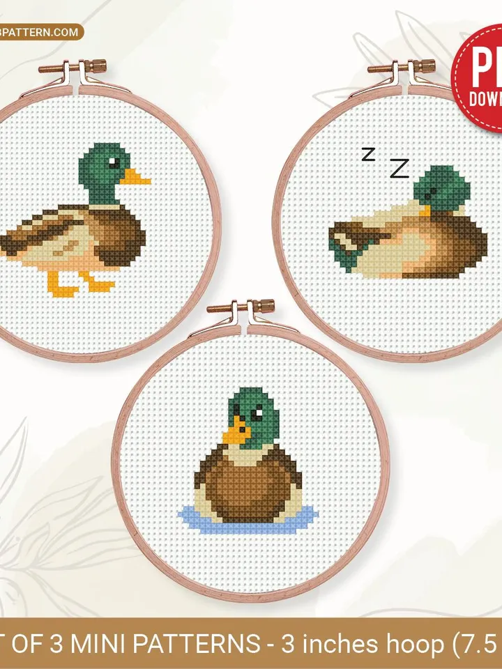Bundle Mallard Duck cross stitch pattern, Set of 3 Mallard Duck pattern, Tiny, bird, beginner counted, modern chart, DIY, small, instant PDF