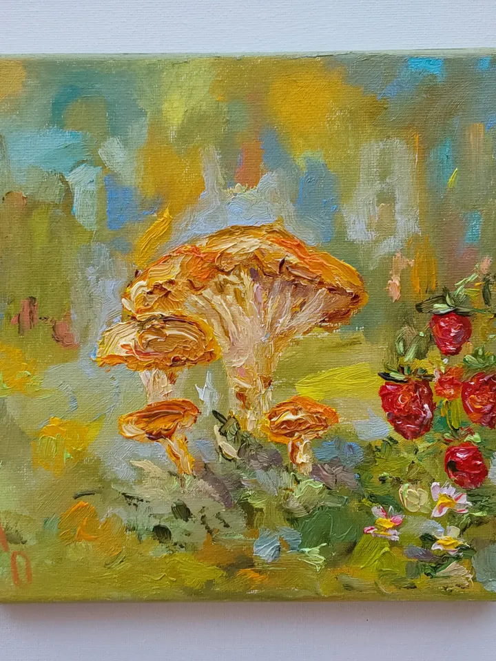 Oil painting on canvas 20x20cm (8x8 inches) "Chanterelles and strawberries"