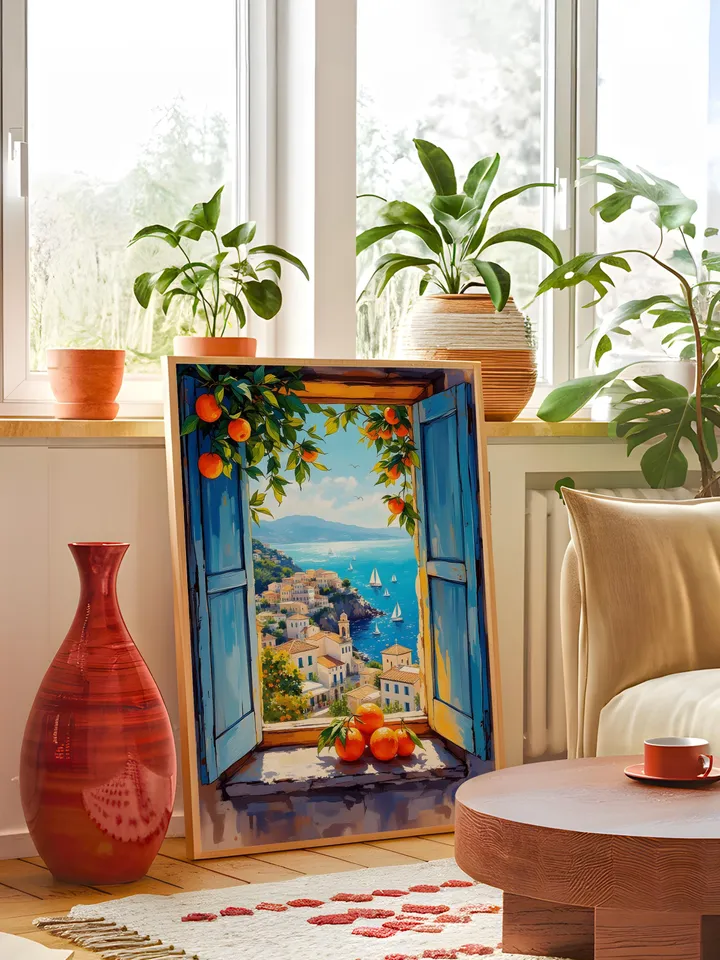Open Window Henri Matisse Style Poster Coastal Orange Tree View Mediterranean Boats Fauvism Art Print Digital Wall Decor Digital HMS3
