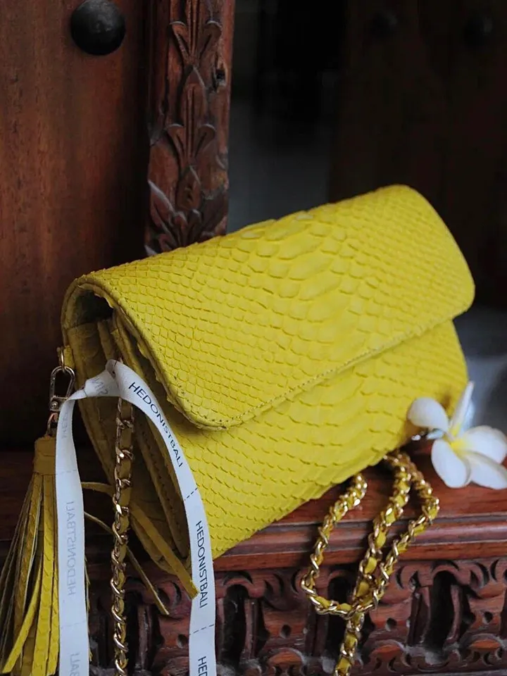 Genuine python skin classy yellow flat clutch with shoulder chain | elegant evening women purse | designer leather bags | small snake bag