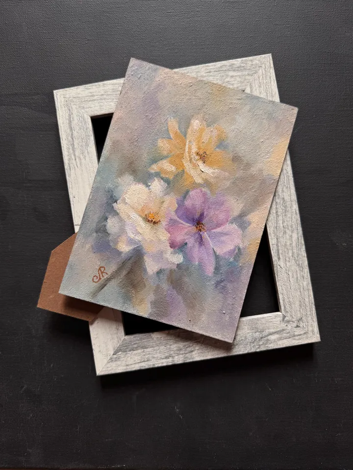 Flowers Original Painting Framed Painting Shabby Chic Painting Floral Wall Art