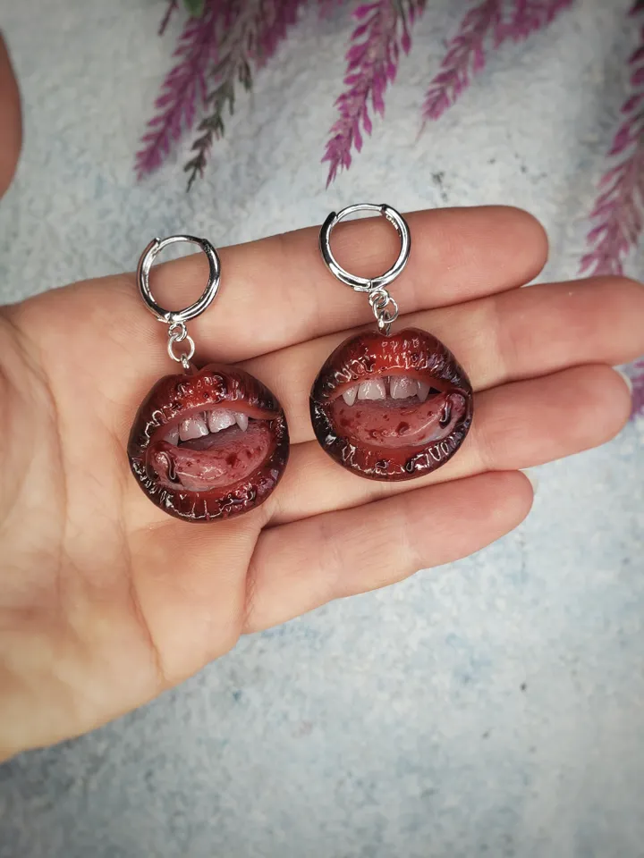 Only to be custom made (orders being taken for the middle of February 2025, message me on Instagram if you'd like to order) Gore bloody Vampire Lips earrings, stainless steel