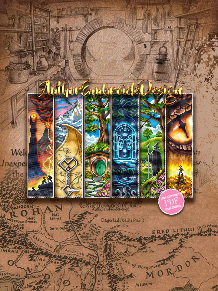 Bookmarks Lord of the Ring set cross stitch pattern download PDF Fairy hobbit home door cross stitch Magic handmade bookmark LOTR cross stitch Wizard Shire world #B91