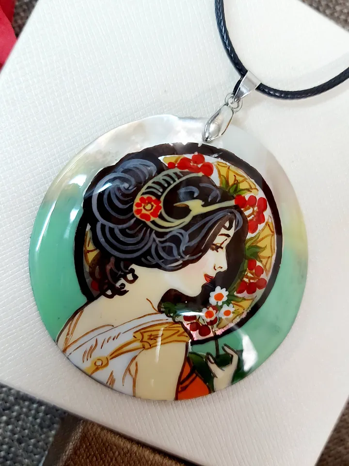 Pearl pendant Necklace: Primrose by Alphonse Mucha painted on mother-of-pearl pendant. Outstanding necklace for Aesthetic girl. Gift for her