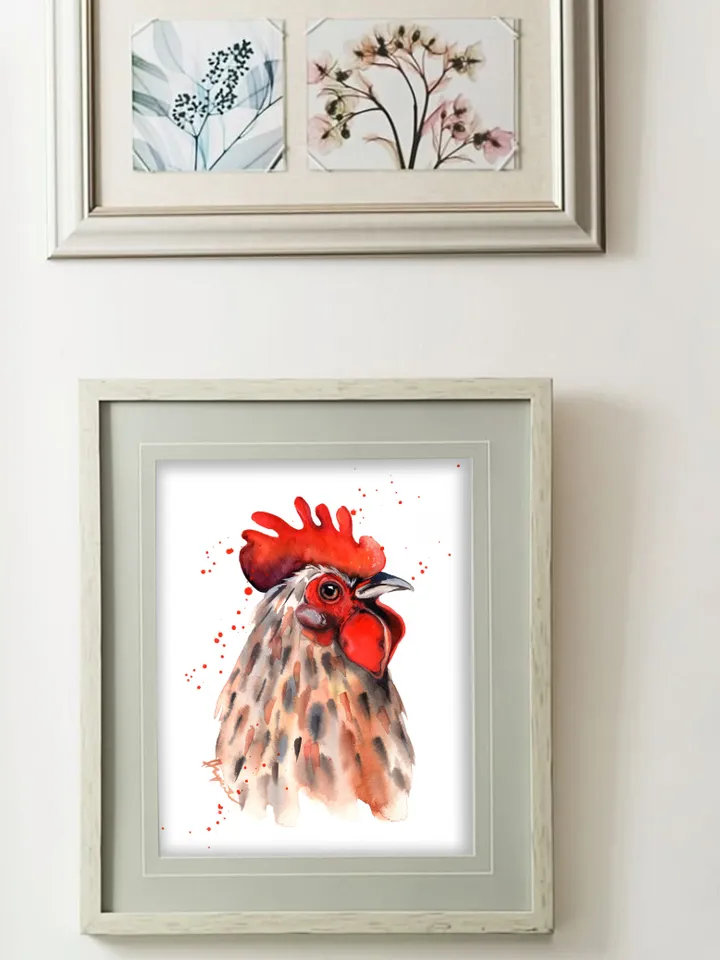 Rooster Original watercolor, farm bird painting, wall decor, 8x11 in handmade art by Anne Gorywine