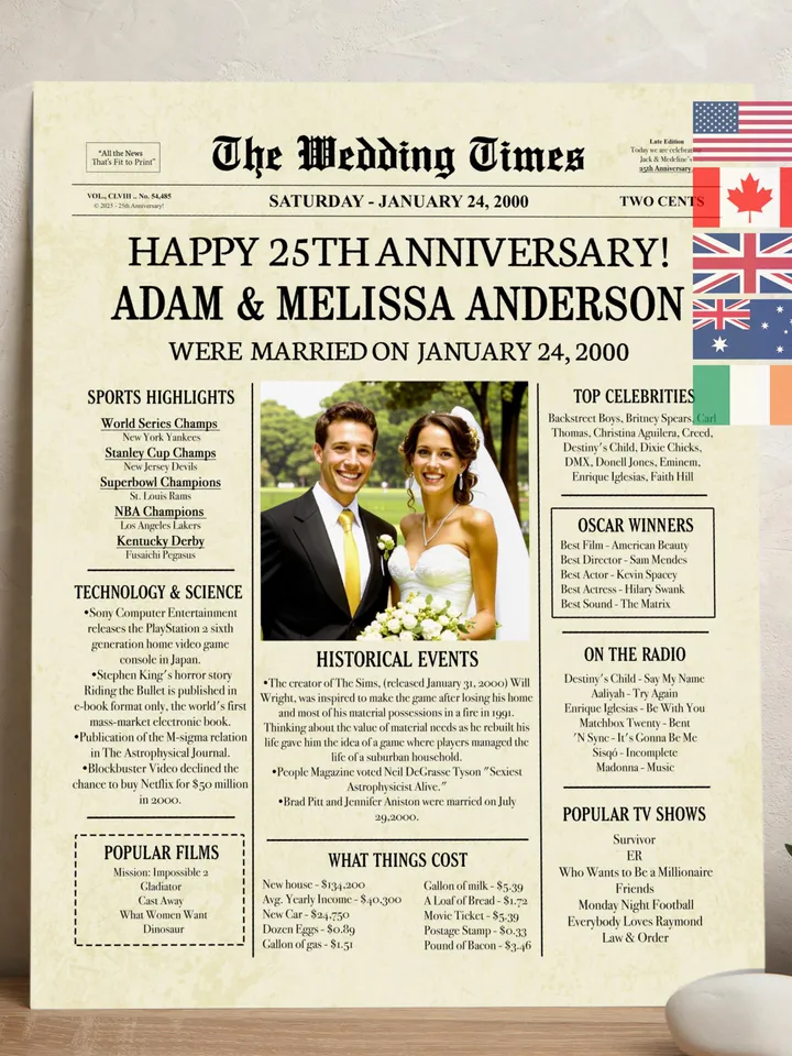 25th wedding anniversary gift for couple, 25th anniversary gifts for husband, 25 year wedding anniversary gift, 2000 anniversary newspaper