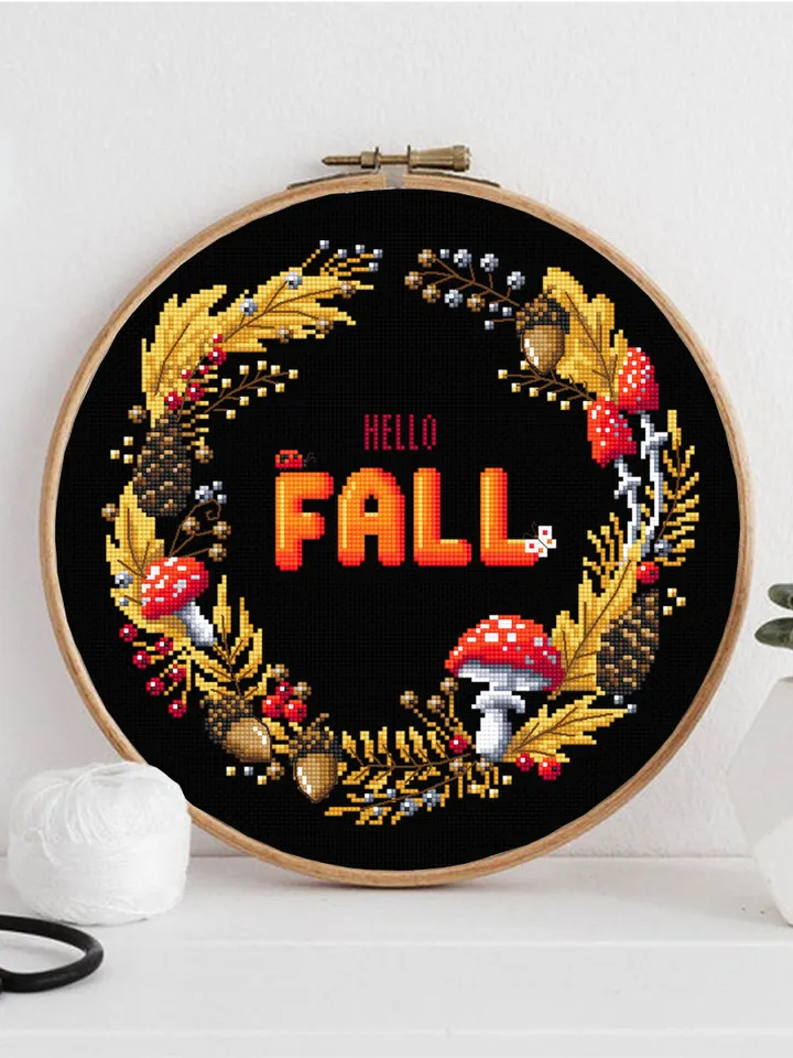 Hello fall wreath cross stitch pattern download PDF, Magic amanita mushroom cross stitch, Autumn wreath embroidery PDF, Fall home decor #Q50