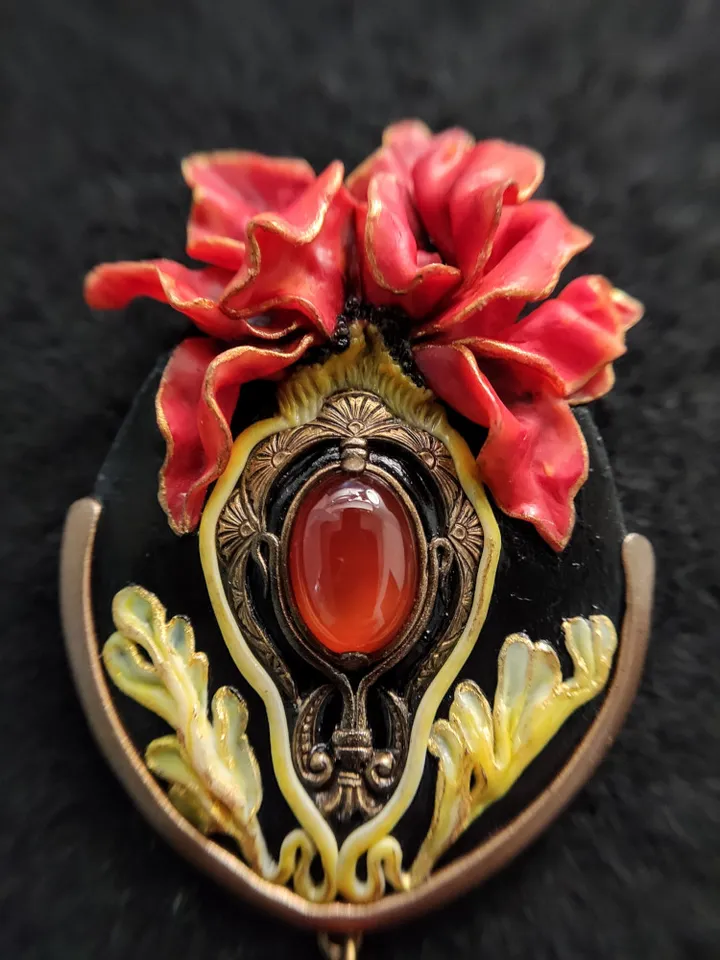 Peony Flower Pin, Art Nouveau Cameo