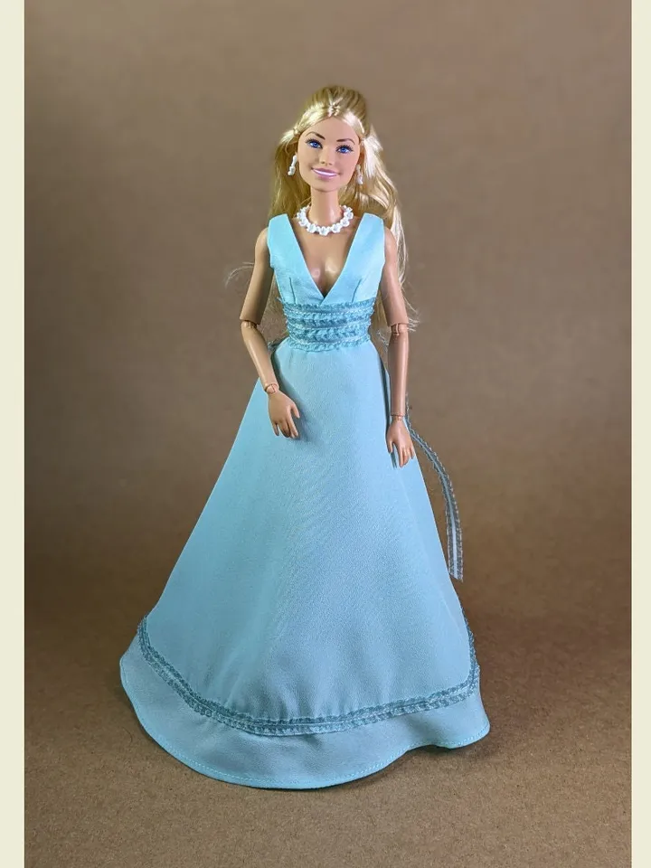 Handmade turquoise decorate evening dress for 1/6 scale fashion female dolls