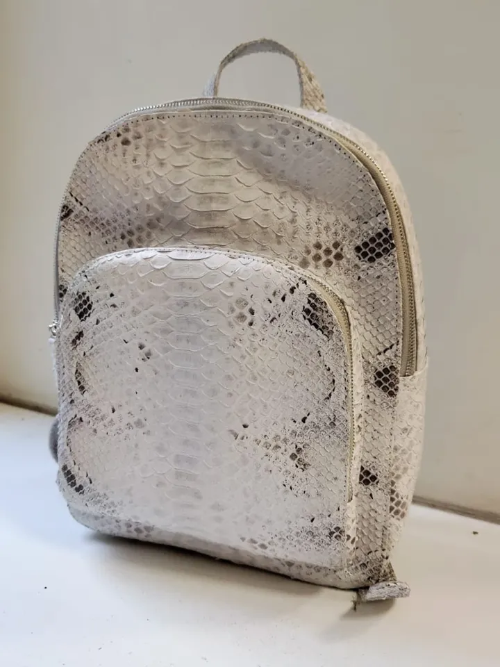 Genuine python skin white backpack | designer women bags | exotic leather purse | trendy casual snakeprint bleached backpack with pockets |