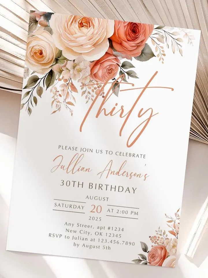 30th Birthday Invitation, Birthday Party Invitations for Women, Thirty Floral Birthday Invite for Her, Canva Editable Template, Digital File