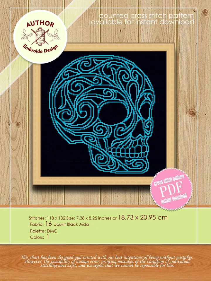Skull mandala cross stitch pattern download PDF Halloween skull embroidery, DIY home decor, Monochrome cross stitch chart Skull decor #M174