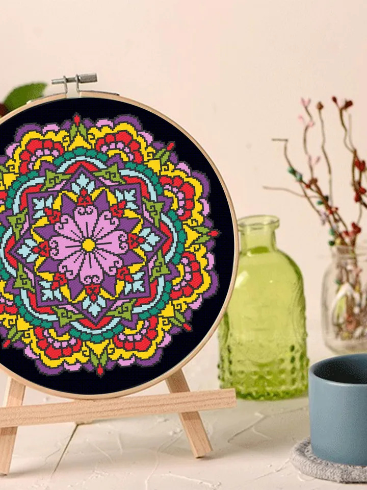 Bright mandala cross stitch pattern download PDF Flower mandala cross stitch chart, Embroidery mandala ornament Modern beginner stitch #M136