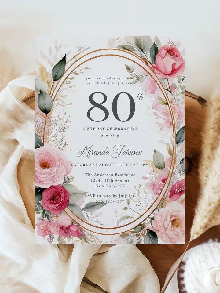 80th Birthday Invitation for Women – Blush Pink & Gold Floral, Elegant Printable Party Invite for Grandma or Mom, Digital Canva Template