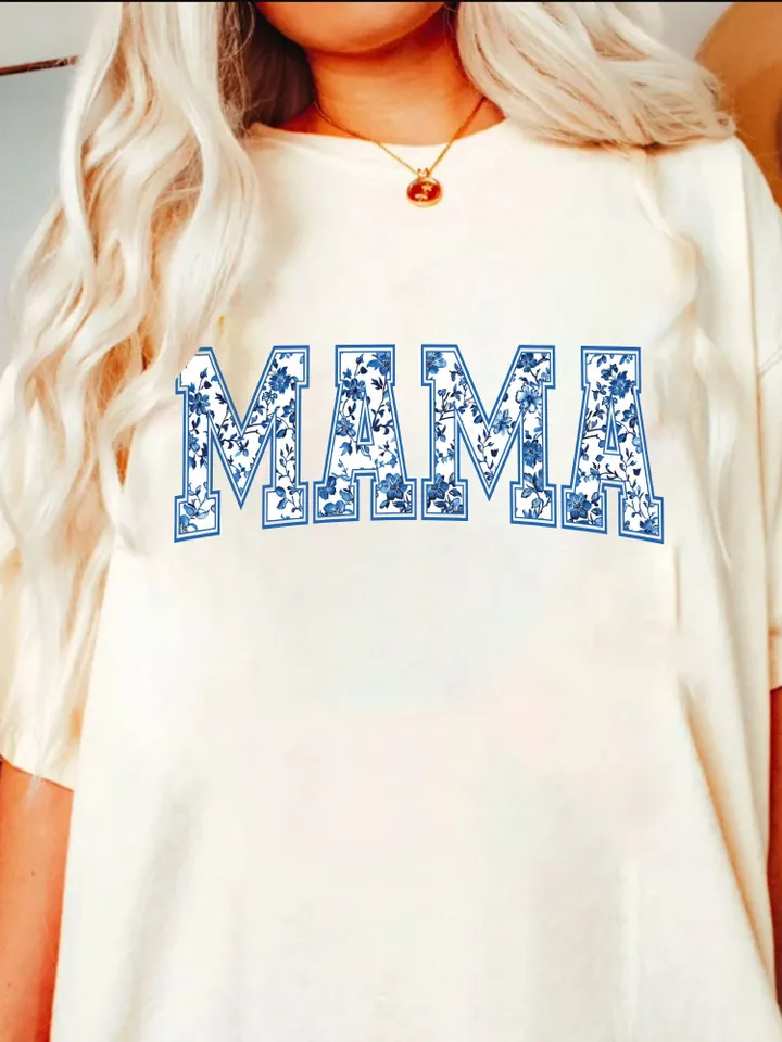 Chinoiserie Floral Mama Blue Willow Filled PNG Digital Download Hand Drawn Sublimation, Mama University Font, chinese style ceramic pattern