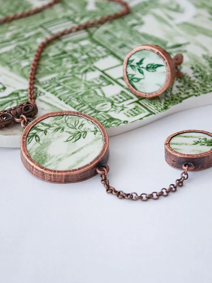 Unique handmade porcelain pendant in a copper frame made using the electroforming process