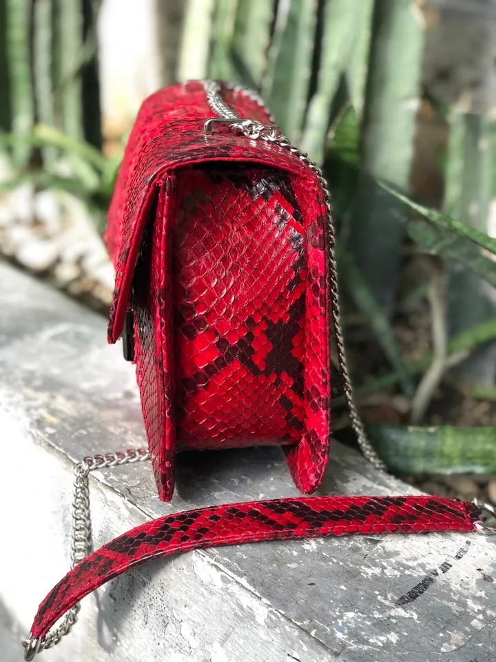 Red Genuine Python Skin Bag Purse Chain Crossbody | Classy elegant red leather bag | Handmade designer Bag | Exotic skin bags | Red bag
