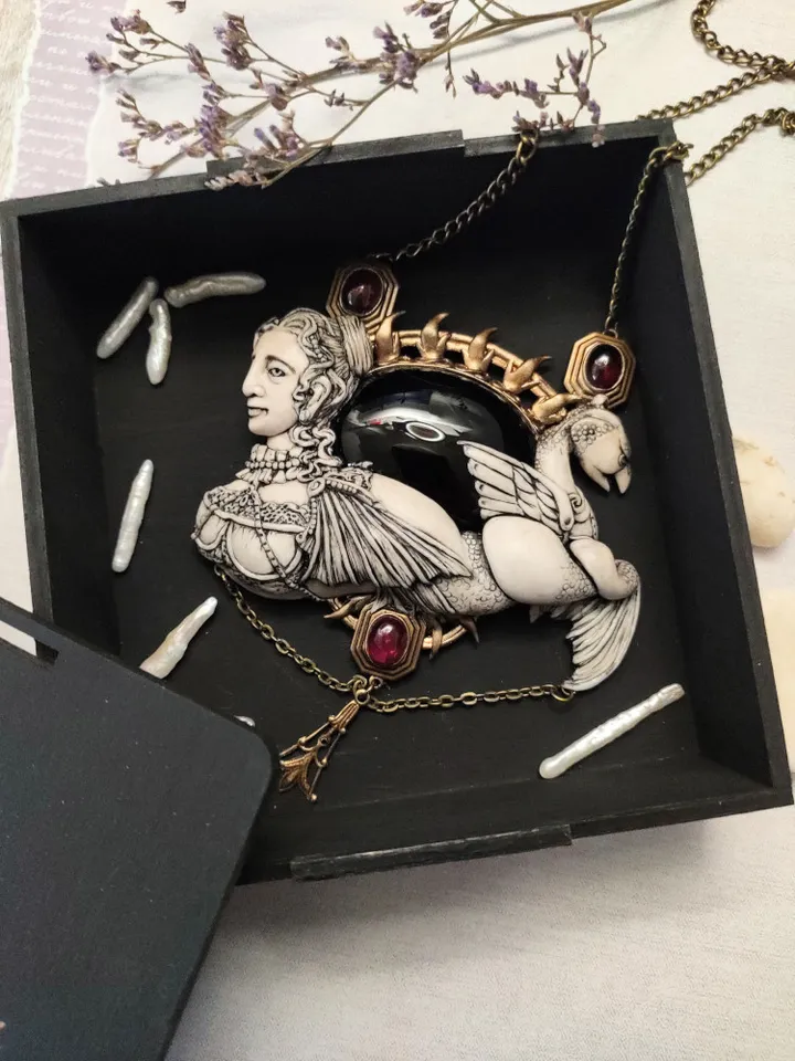 Mermaid Figure Cameo Necklace, Mermaid Pendant
