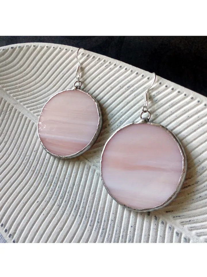 Stained glass Pink earrings, Dangle earrings, Geometric earrings, stainglass cute earrings, Round stained glass