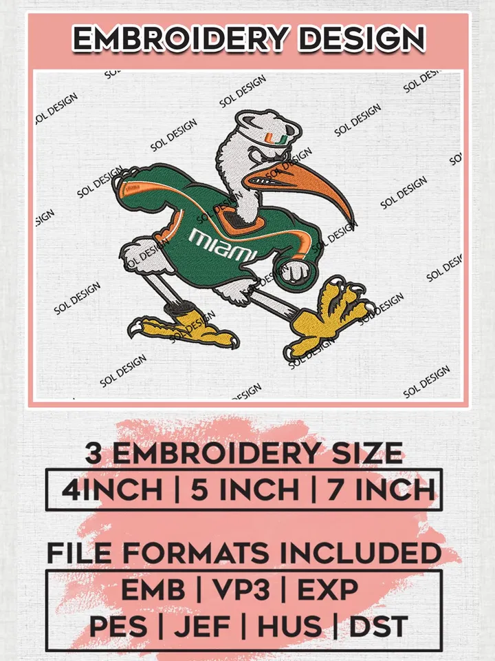 NCAA Miami Hurricanes Team Mascot Logo Machine Embroidery Design, NCAA Miami Hurricanes Team Design Design files, NCAA Team Embroidery Designs, NCAA Machine Embroidery Designs, Digital Download