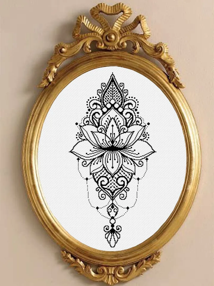 Lotus mandala cross stitch pattern download PDF, Monochrome mandala pattern digital PDF, Lotus flower cross stitch chart, Home decor #M99